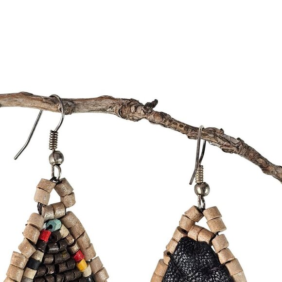 Wood Beaded Dangle Earings Leather Back Handmade Brown Multicolor Silver Tone - Picture 4 of 7